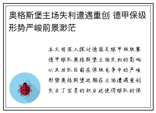 奥格斯堡主场失利遭遇重创 德甲保级形势严峻前景渺茫