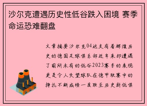 沙尔克遭遇历史性低谷跌入困境 赛季命运恐难翻盘