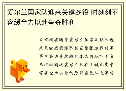 爱尔兰国家队迎来关键战役 时刻刻不容缓全力以赴争夺胜利