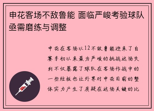 申花客场不敌鲁能 面临严峻考验球队亟需磨练与调整