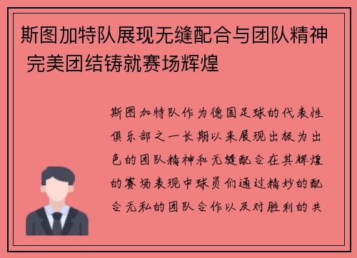 斯图加特队展现无缝配合与团队精神 完美团结铸就赛场辉煌