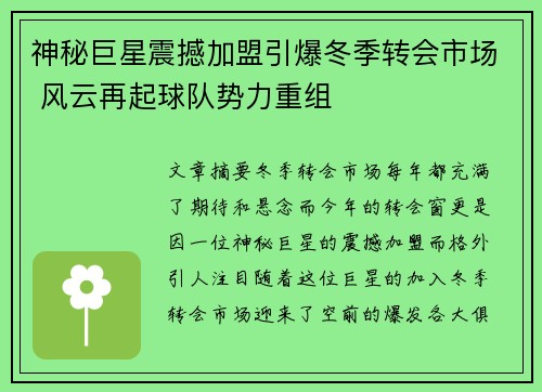 神秘巨星震撼加盟引爆冬季转会市场 风云再起球队势力重组