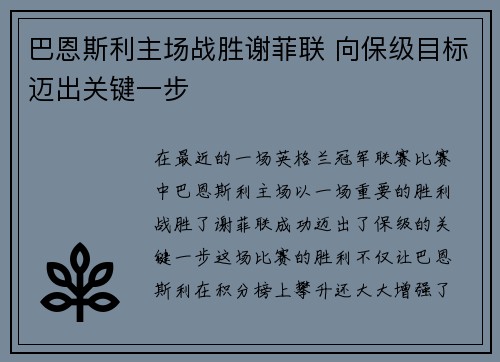 巴恩斯利主场战胜谢菲联 向保级目标迈出关键一步