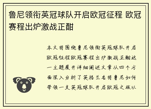 鲁尼领衔英冠球队开启欧冠征程 欧冠赛程出炉激战正酣